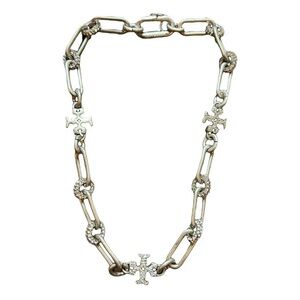 TORY BURCH Roxanne Silver necklace choker with Pave CZ/Crystals 15” W/Dust Bag